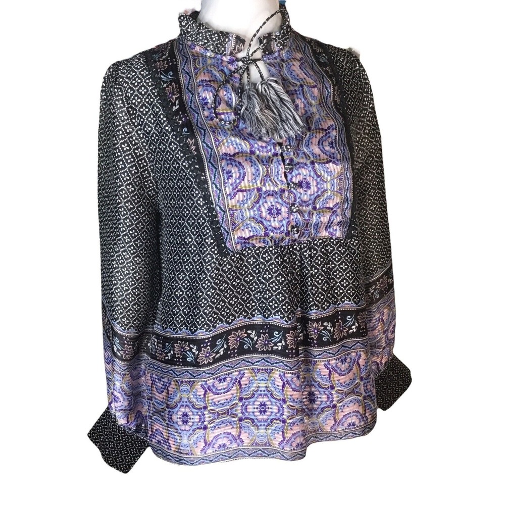 AQUA Multi Women’s Mixed Media Patterned Long Sleeves Tie Neck Button Top S